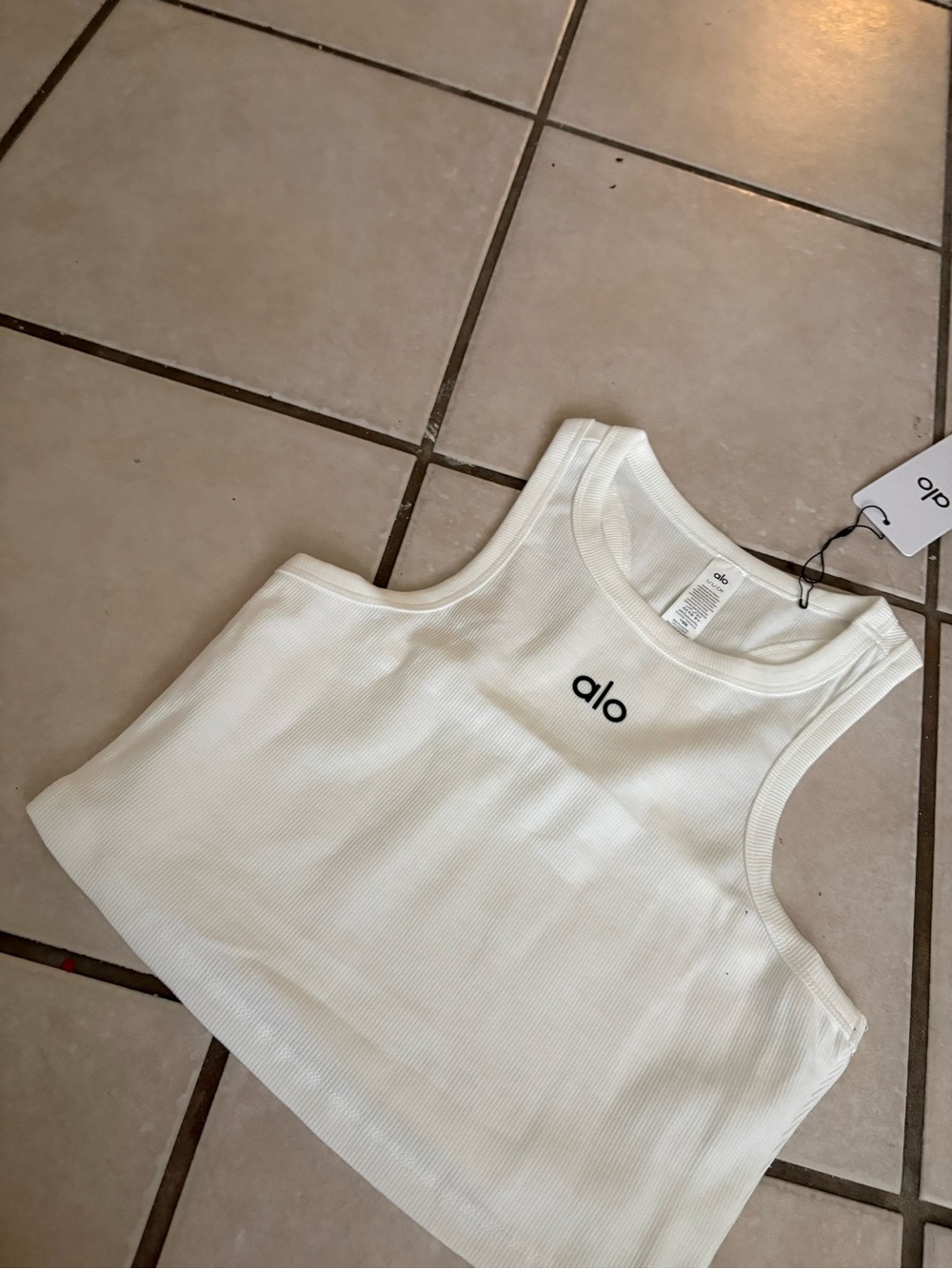 ALO Yoga White Ribbed Crop Tank Top with Black Logo